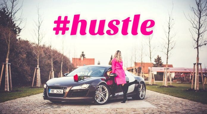 Hustle hashtag with person leaning on car.