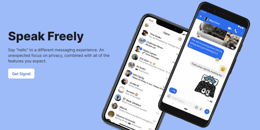 Signal app product display on two mockup phones, set on a blue background.