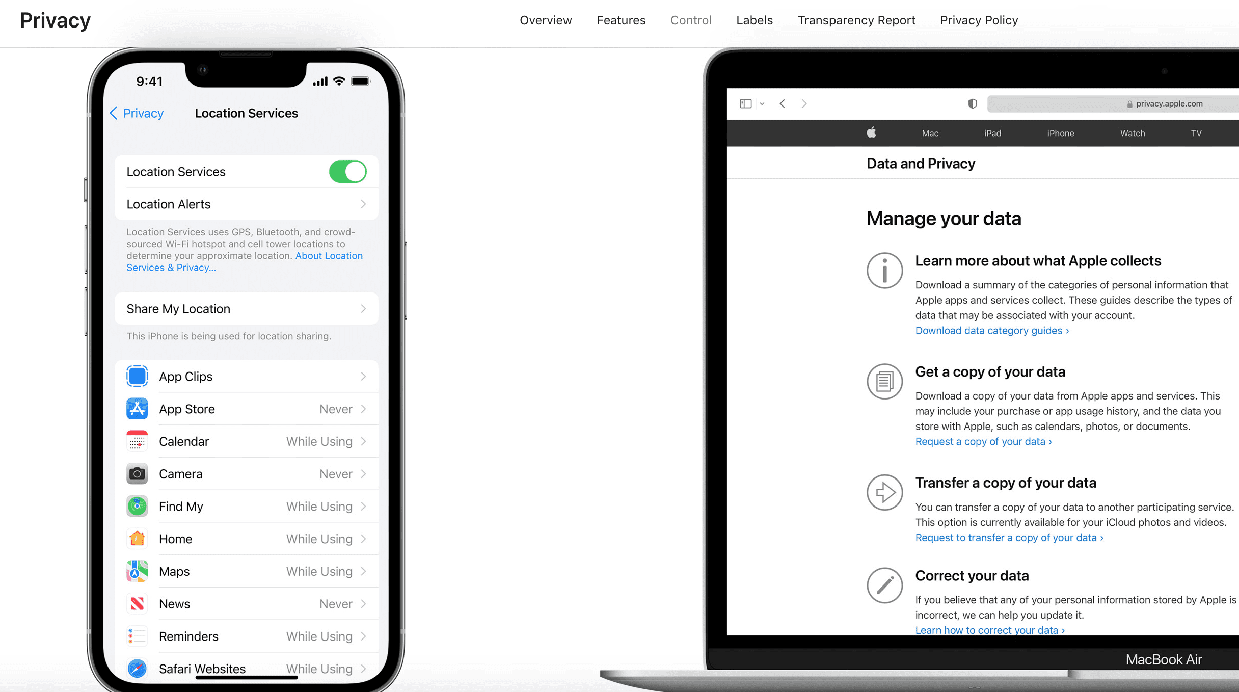 Apple's privacy landing page showing iPhone users ability to shut off location services and a desktop image of a user's ability to control how their data is managed.