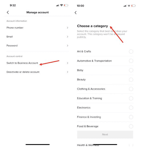 TikTok account and categories