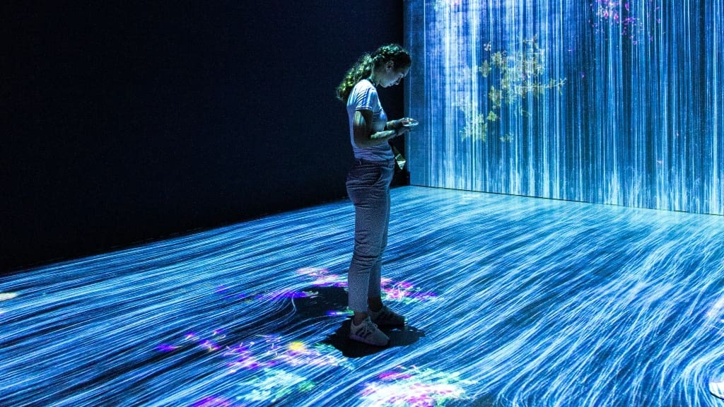 person standing in colors representing holograms