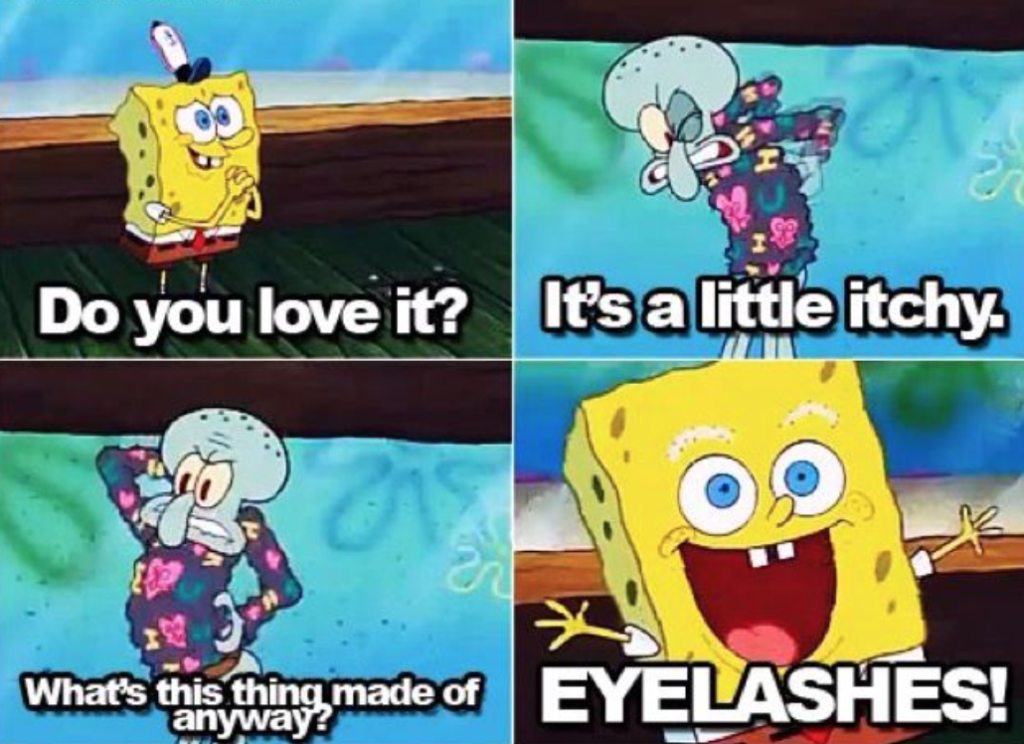 Sweaters made of eyelashes from Spongebob, representing limitless possibilities of fashion in the Metaverse. 