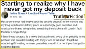 Landlord posting about giving back the security deposit reluctantly.