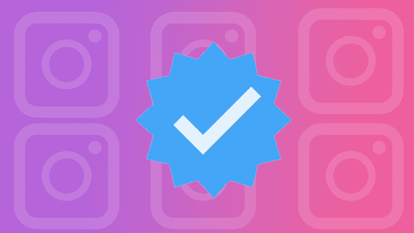 A pink and purple background with repeating Instagram logos behind a blue verification checkmark.